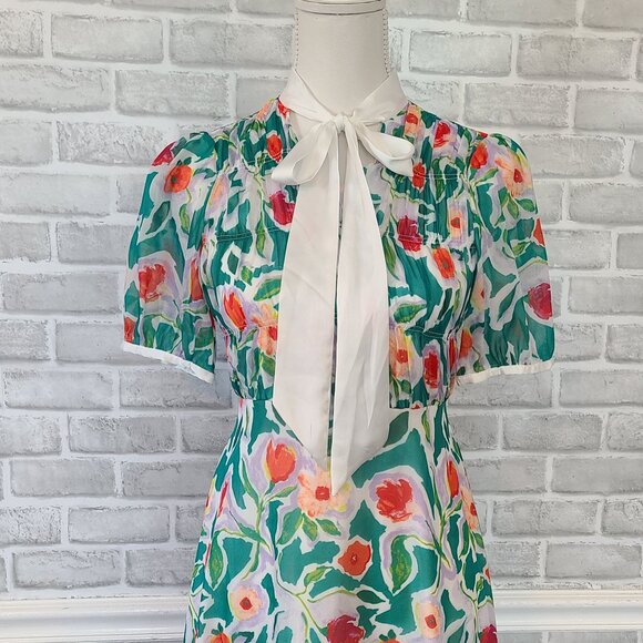 Psalter Poppy Floral Midi Dress Tie Neck Puff Sleeve Cottage Modest 36 EU 6 US - Picture 2 of 9